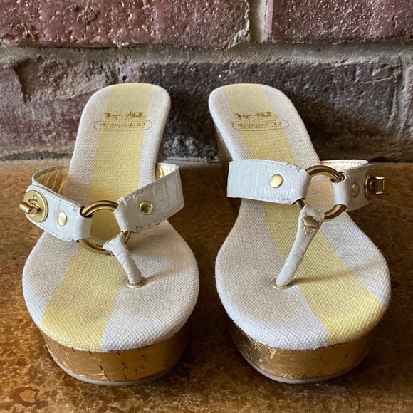Coach Fauna white and gold Wedge thong slide sandals - Picture 2 of 8